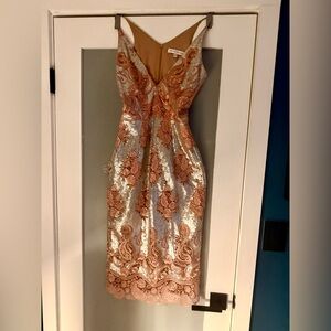 Dress the Population Rose Gold and Silver Lace Midi Dress